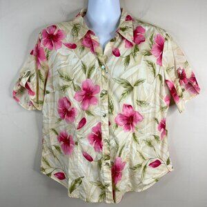 Jamaica Bay Tropical CAMP Top XL PINK HIBISCUS Tan Tab Short Sleeve HAWAIIAN